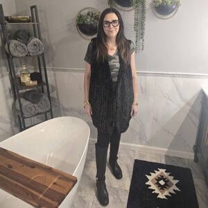 Colleen Lopez Black Knit Faux Fur Vest Open Front-XL NWT